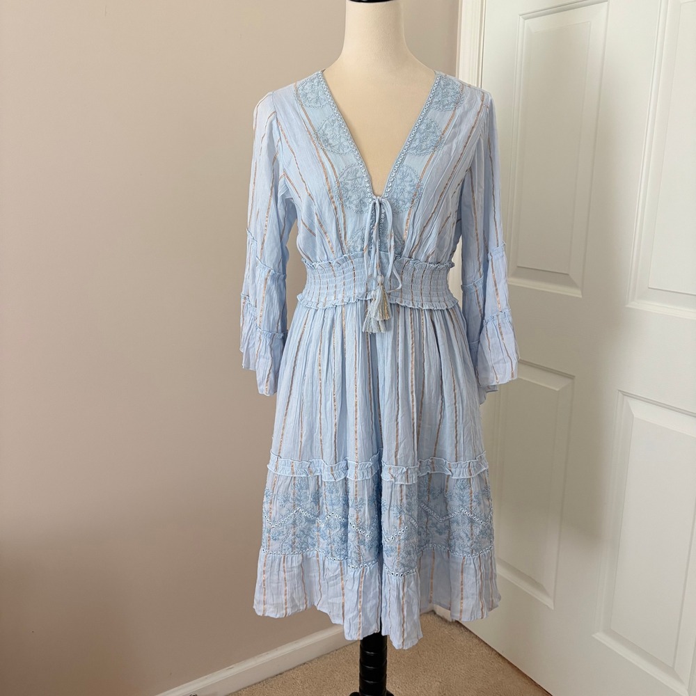 Ananta Dress L/XL Blue Boho Embroidered Metallic Stripe Smocked Made in India